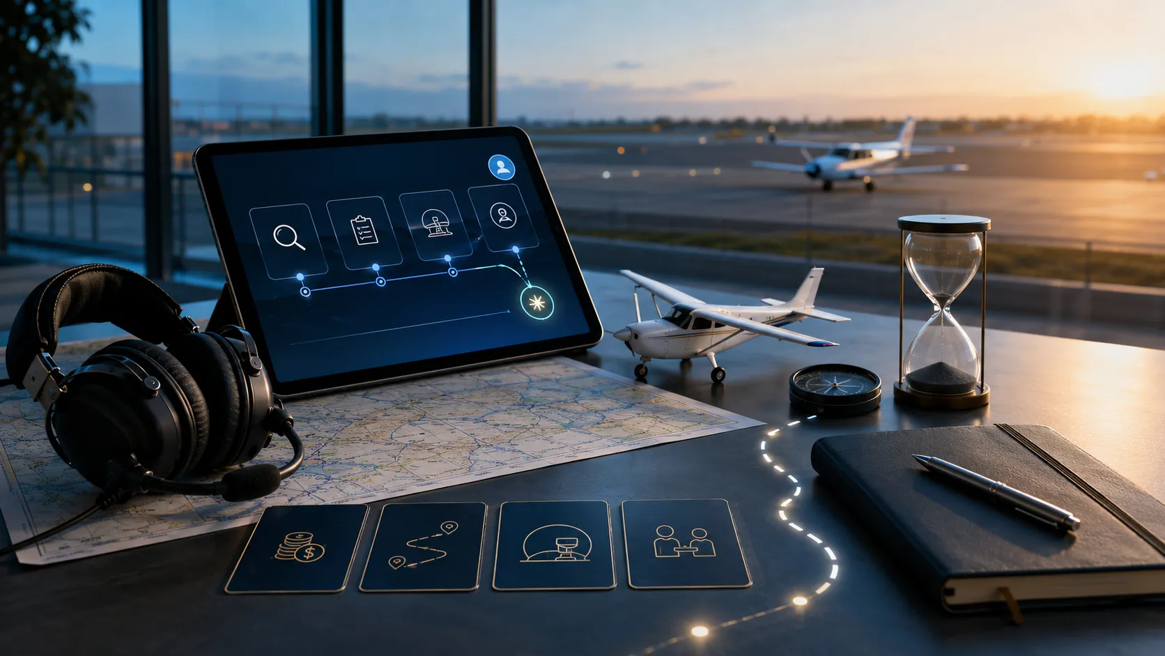 تصویر مفهومی تصمیم‌گیری برای شروع خلبانی با میز برنامه‌ریزی، مسیرهای انتخاب، هدست خلبانی، نقشه پرواز و شبیه‌ساز پرواز بدون حضور انسان