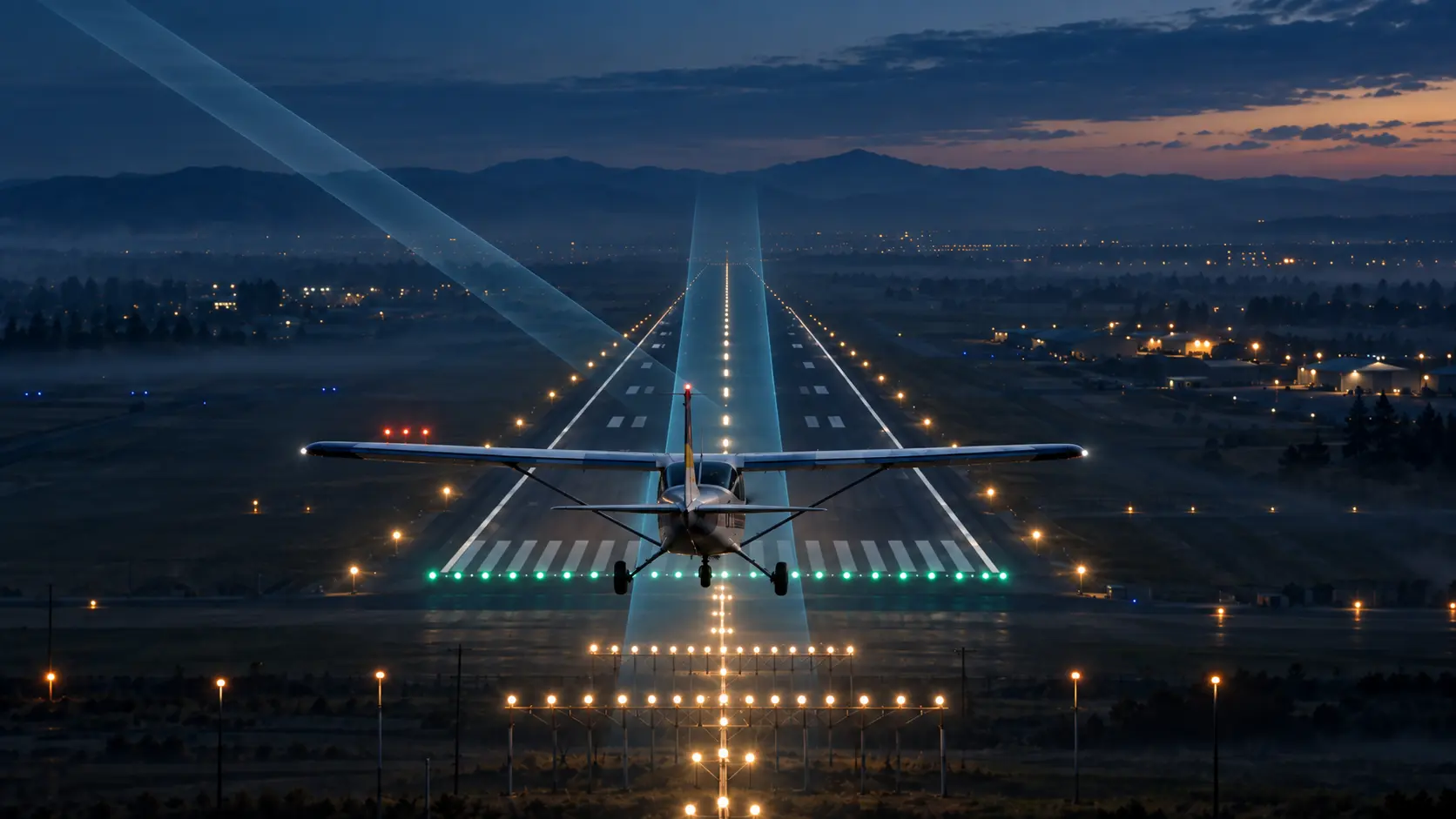 نمای ILS approach با Localizer و Glide Slope در مسیر تقرب نهایی باند